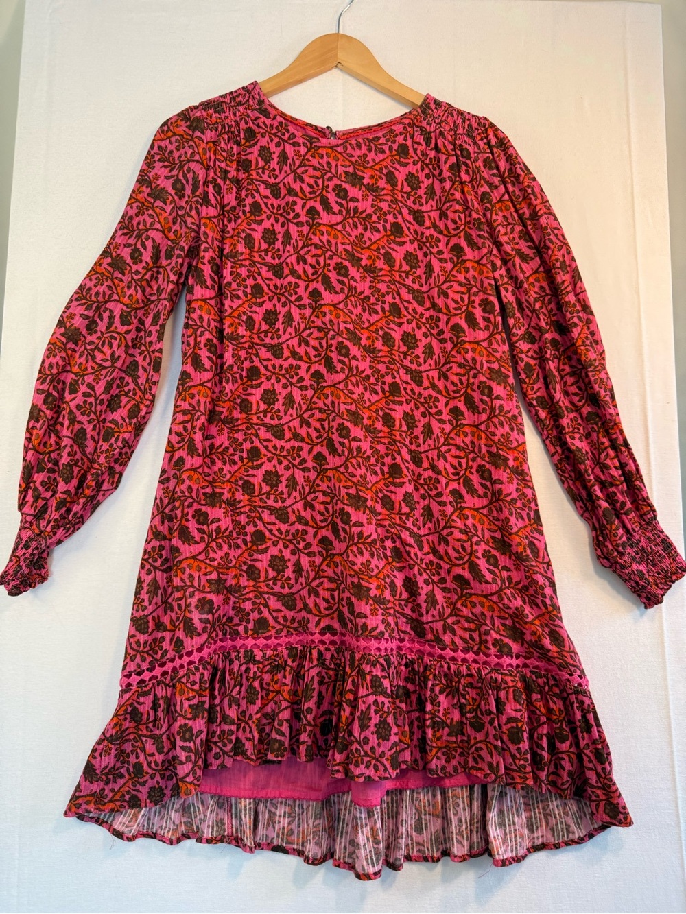 Anthropologie Pink Floral Long-Sleeve Ruffle-Hem Casual Dress Size Small